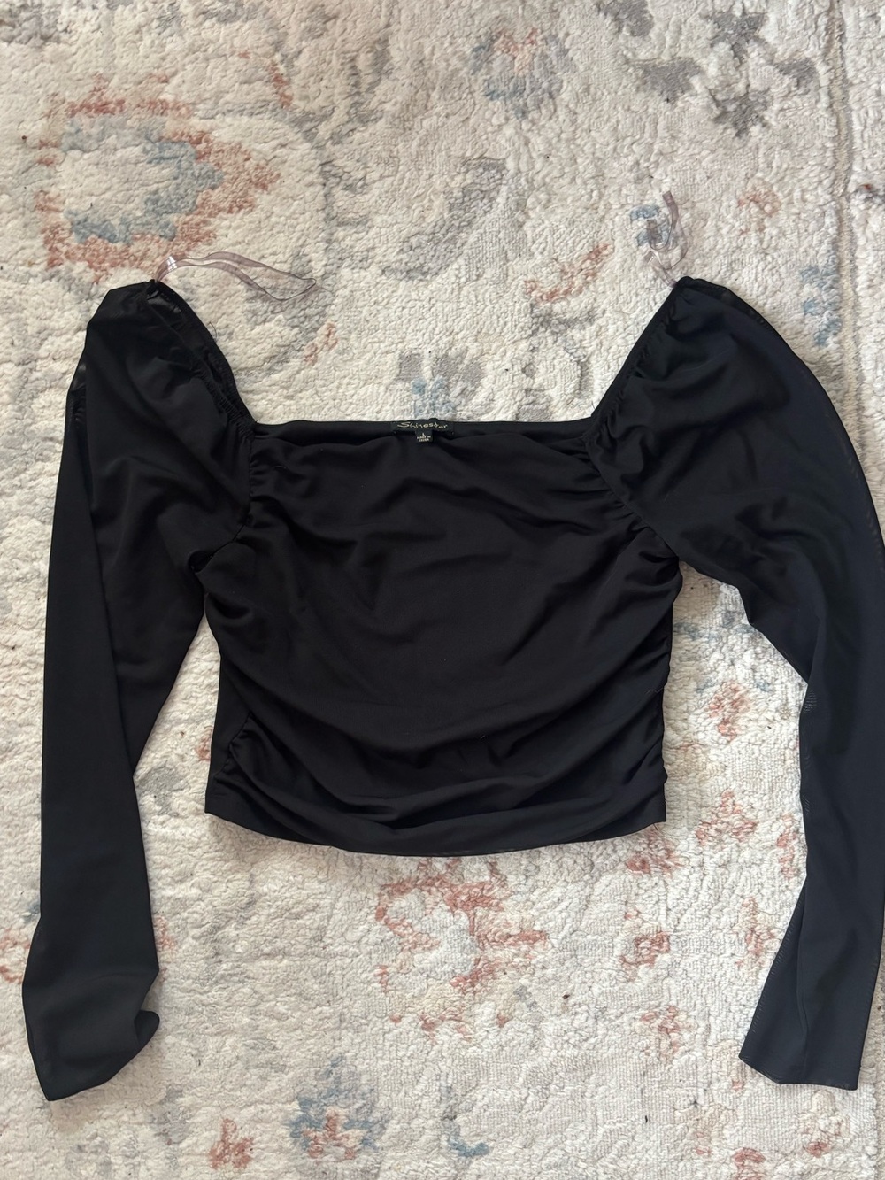 Shinestar Black Mesh-Sleeve Cropped Long Sleeve Top